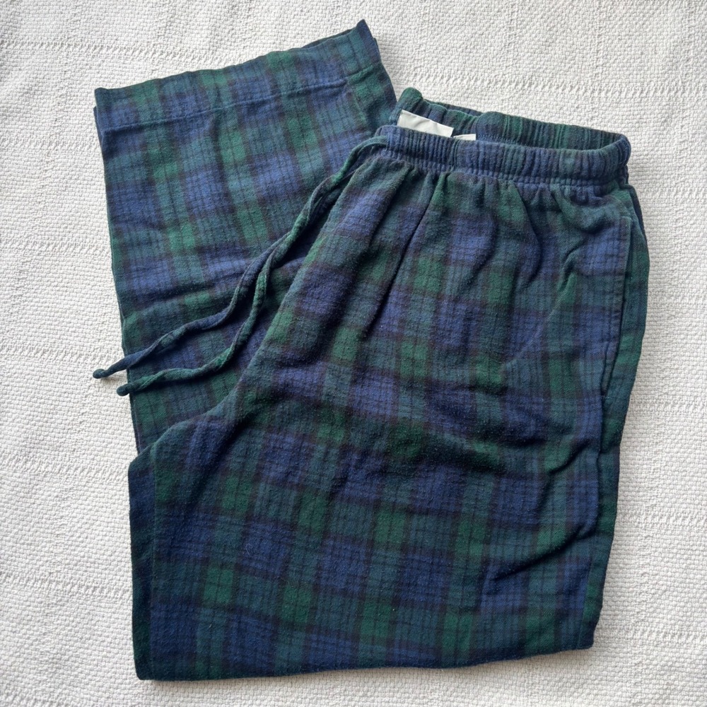 Women's Large Petite LL BEAN Navy Blue Green Flannel Plaid Pajama Lounge Bottoms